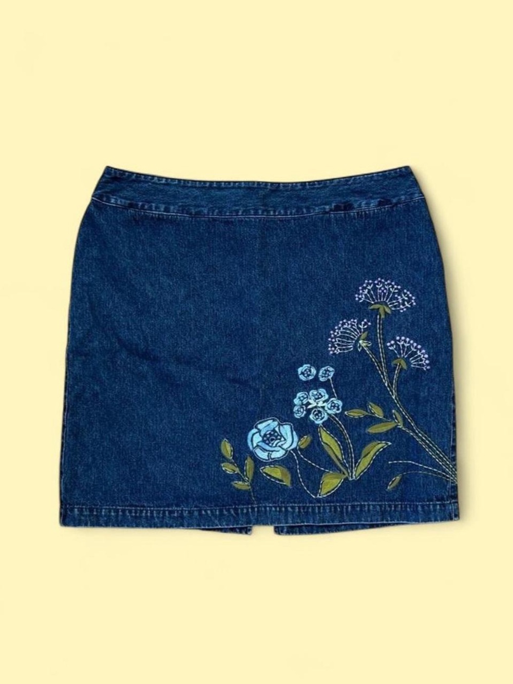 Vintage Dark Blue Denim Mini Skirt with Blue Floral Embroidery